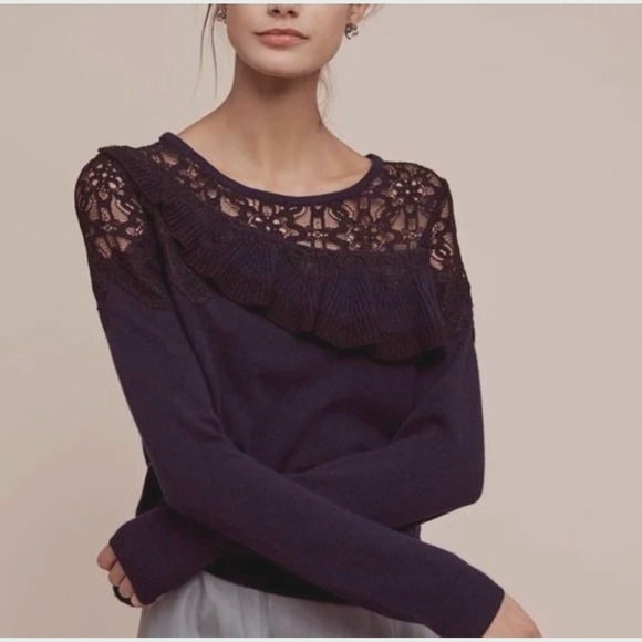 Knitted & Knotted Sweaters - Anthropologie Knitted & Knotted Navy Blue Lace Ruffle Cashmere Blend Sweater M